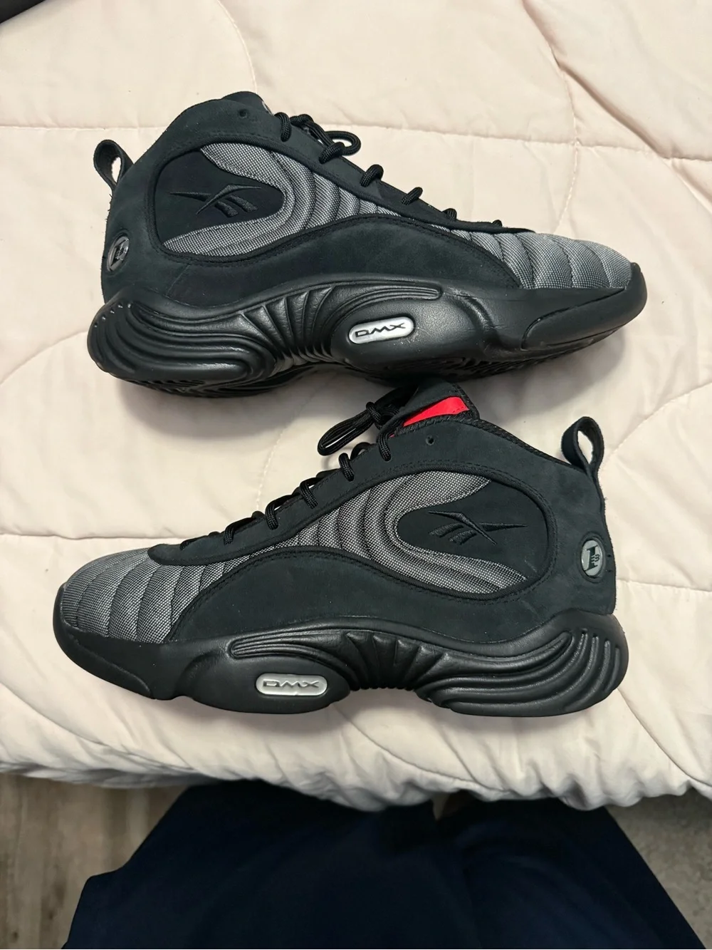 Reebok Men’s Black and Gray DMX Basketball Sneakers with Red Tongue Accent